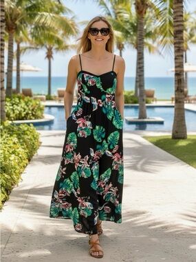 Women’s Black Tropical Floral Spaghetti Straps Vacation Resortwear Maxi Dress L